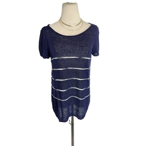 Eileen Fisher Sweater Organic Linen Size Medium Blue White Semi Sheer Knit - Picture 1 of 11